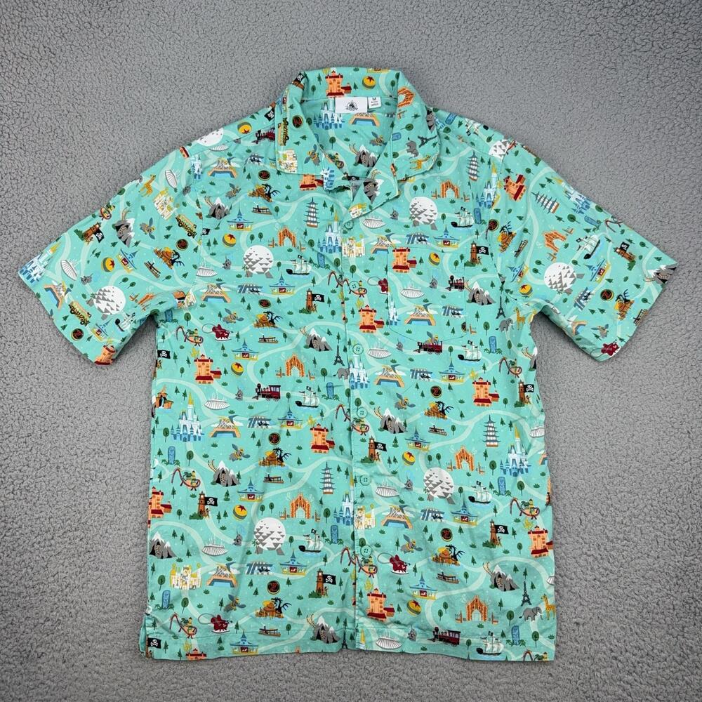 Disney Parks Shirt Mens Medium Green Attractions Map Print Button Front Camp